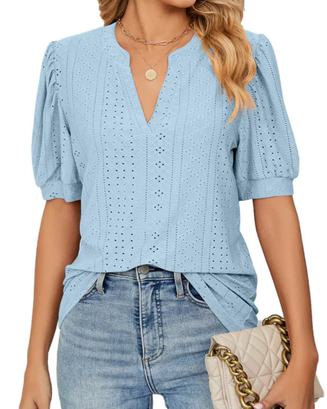 Blusa de Manga Abullonada con Ojetes