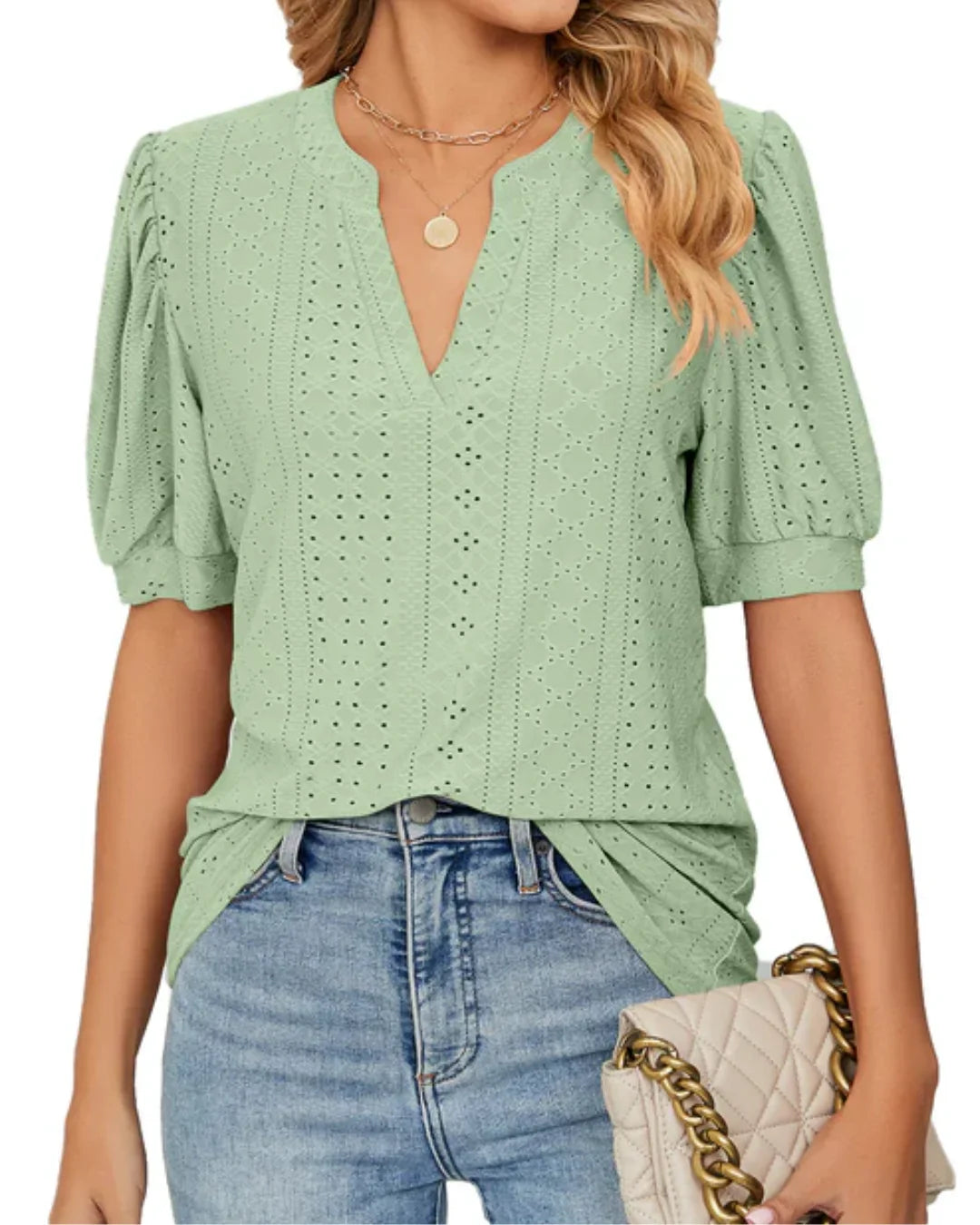 Blusa de Manga Abullonada con Ojetes