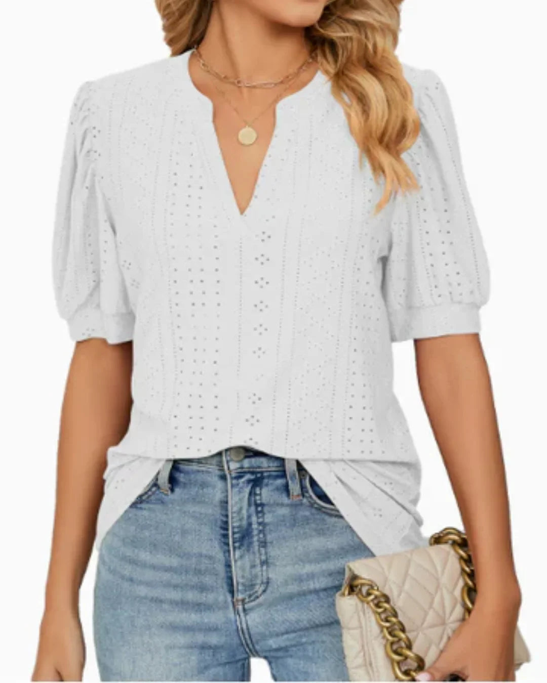 Blusa de Manga Abullonada con Ojetes