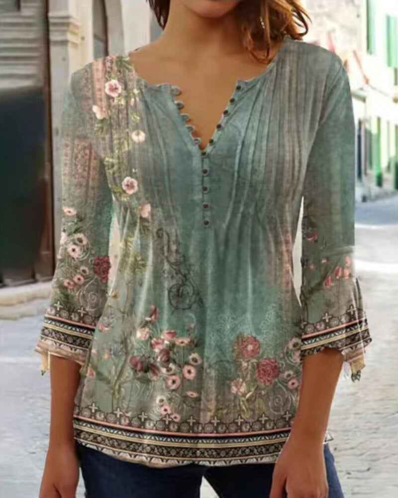 Blusa Floral con Mangas de Campana y Pliegues