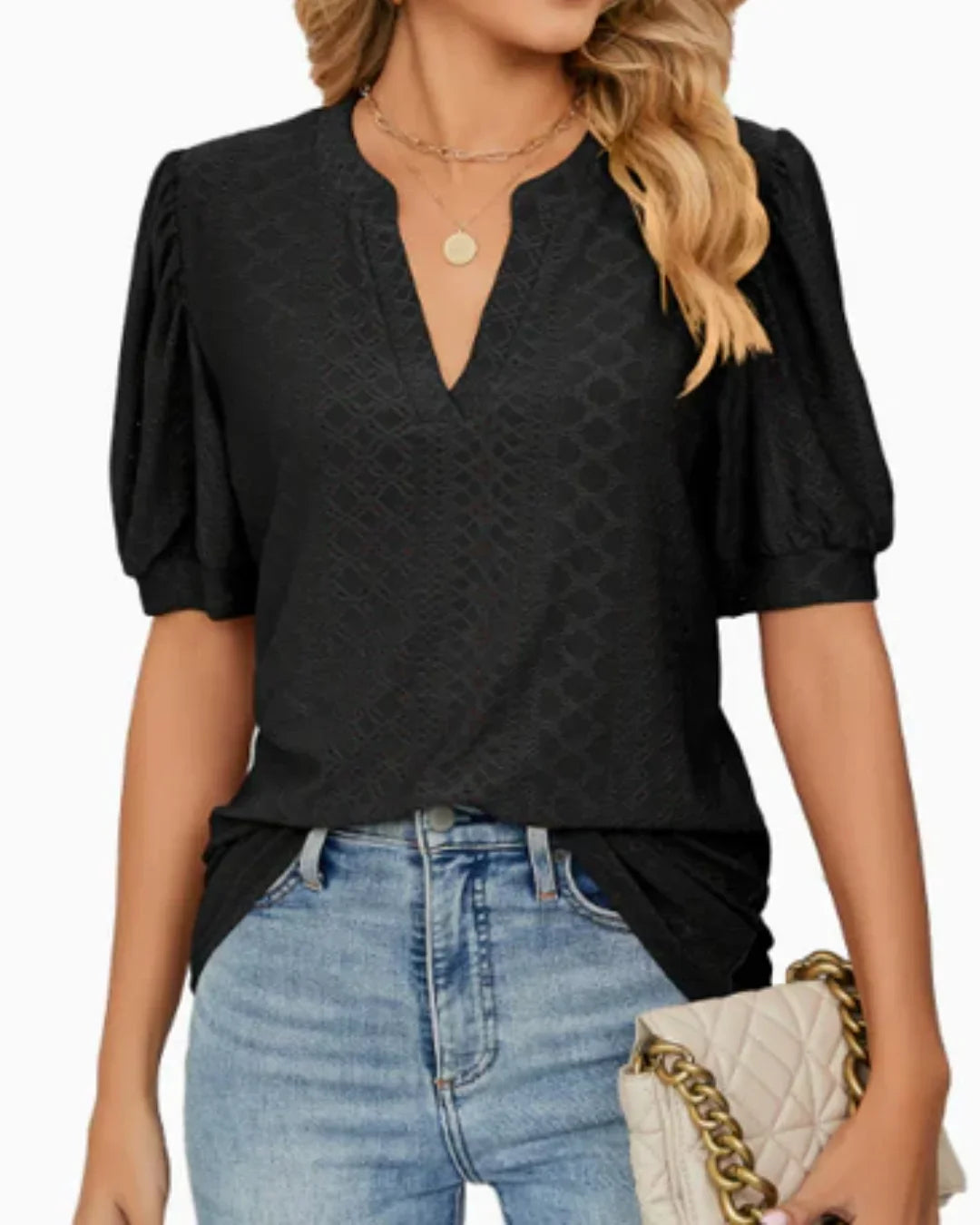 Blusa de Manga Abullonada con Ojetes