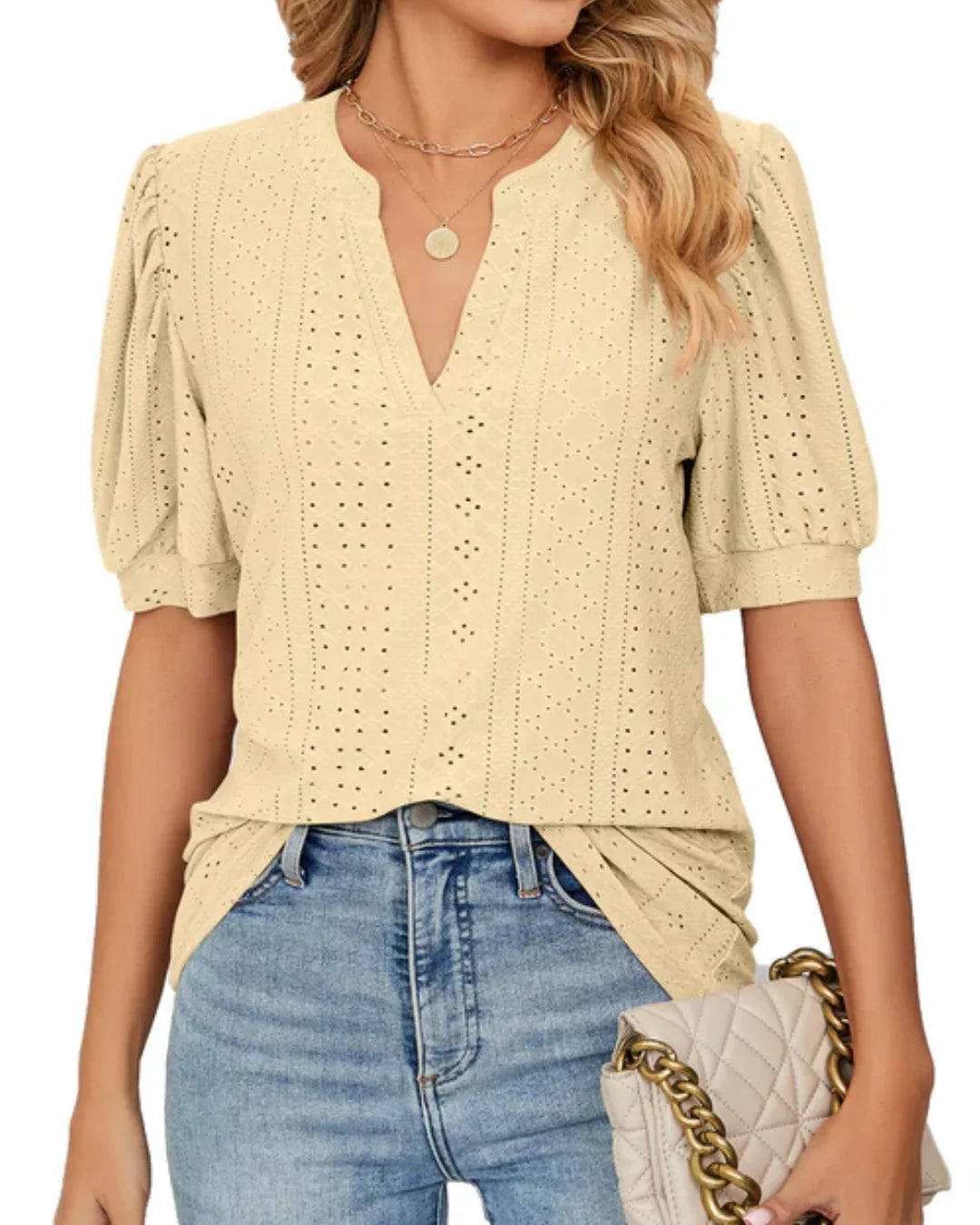Blusa de Manga Abullonada con Ojetes