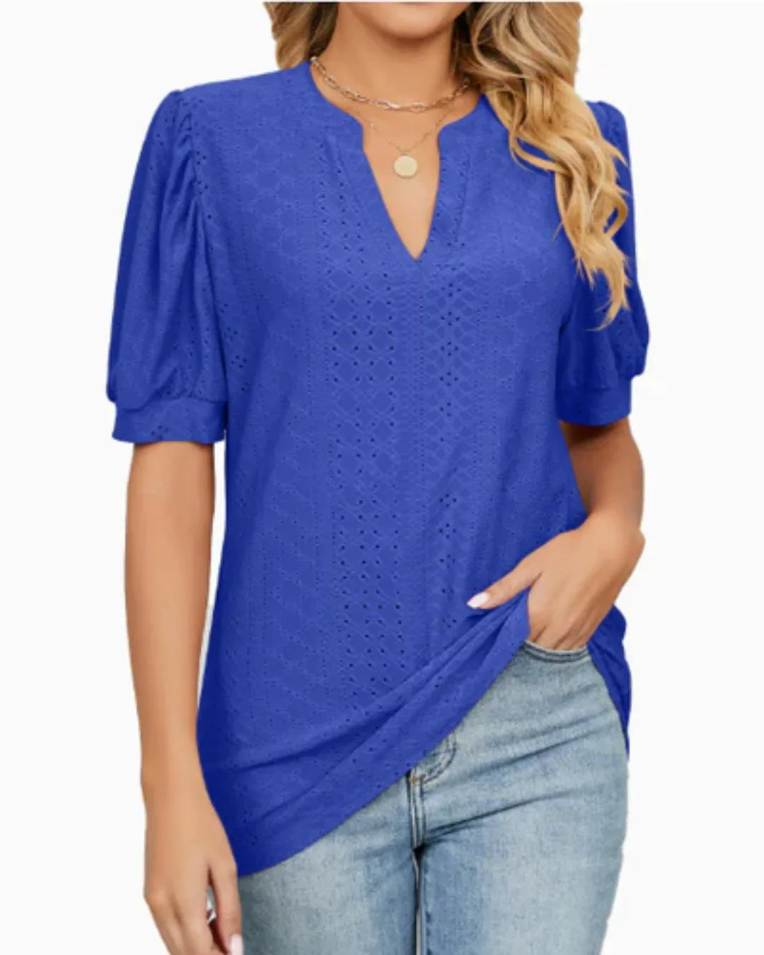 Blusa de Manga Abullonada con Ojetes