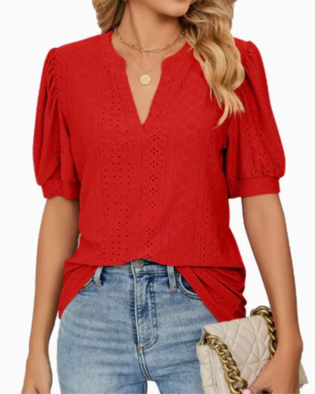 Blusa de Manga Abullonada con Ojetes