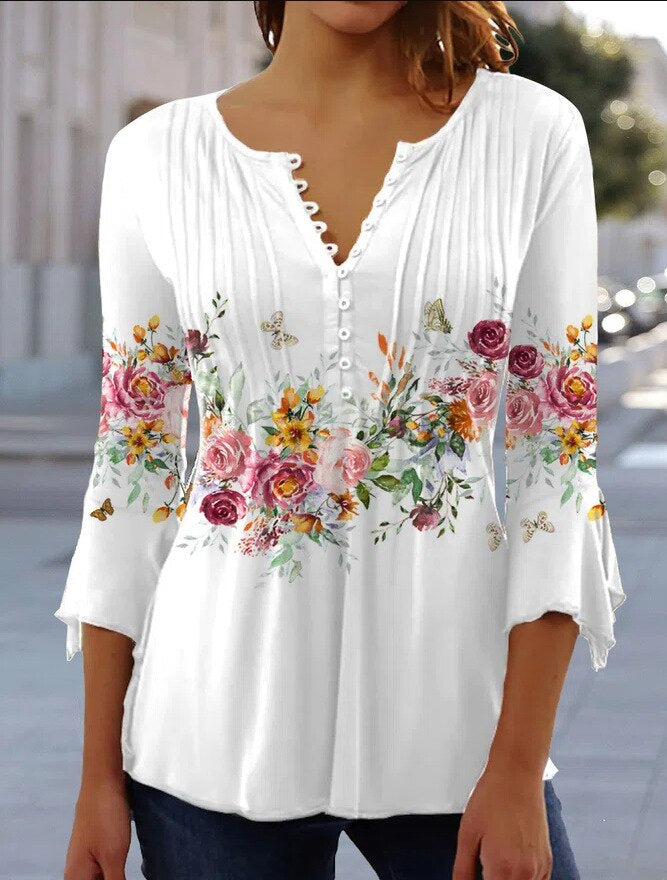 Blusa Floral con Mangas de Campana y Pliegues