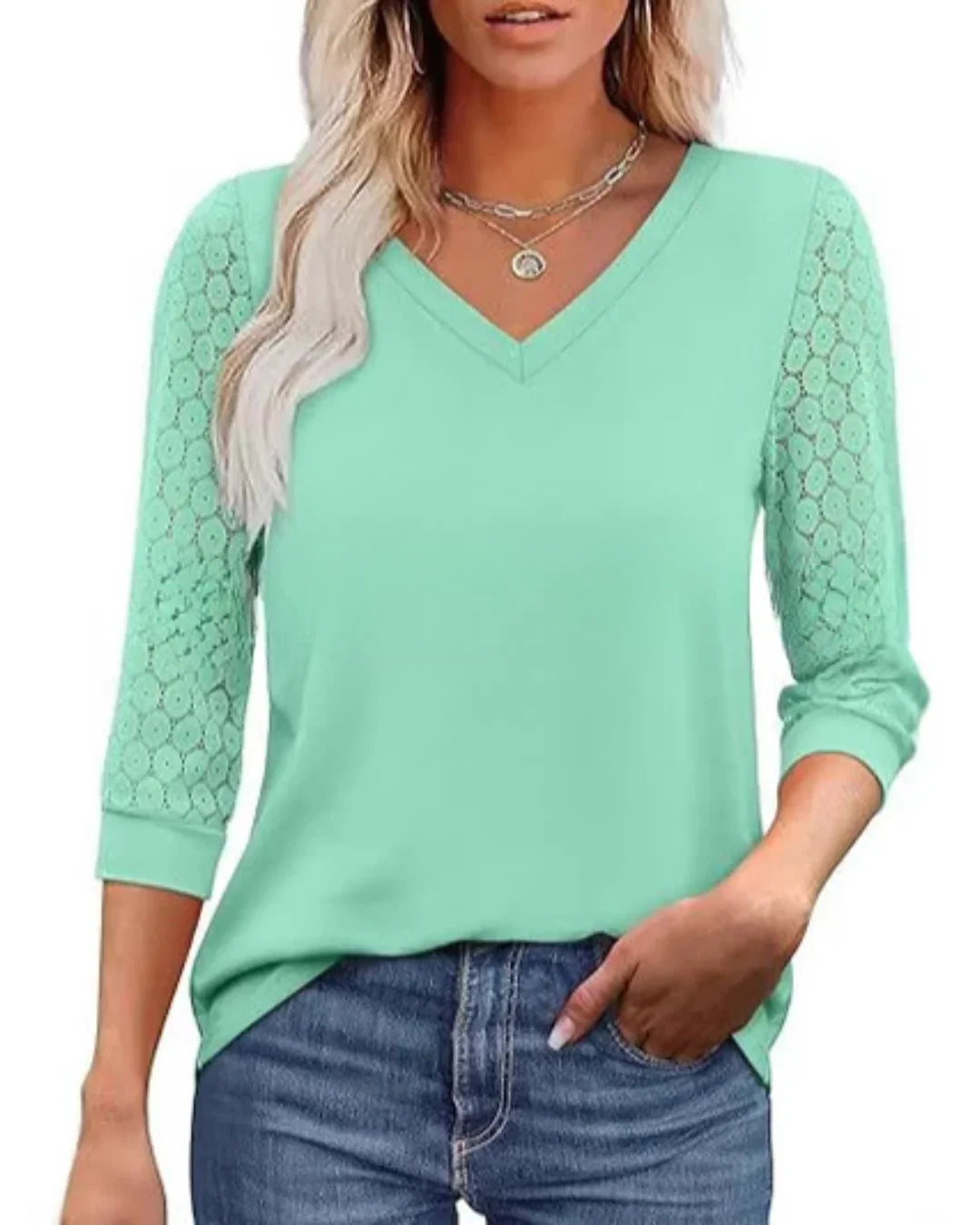 Blusa Casual de Cuello en V con Mangas de Encaje
