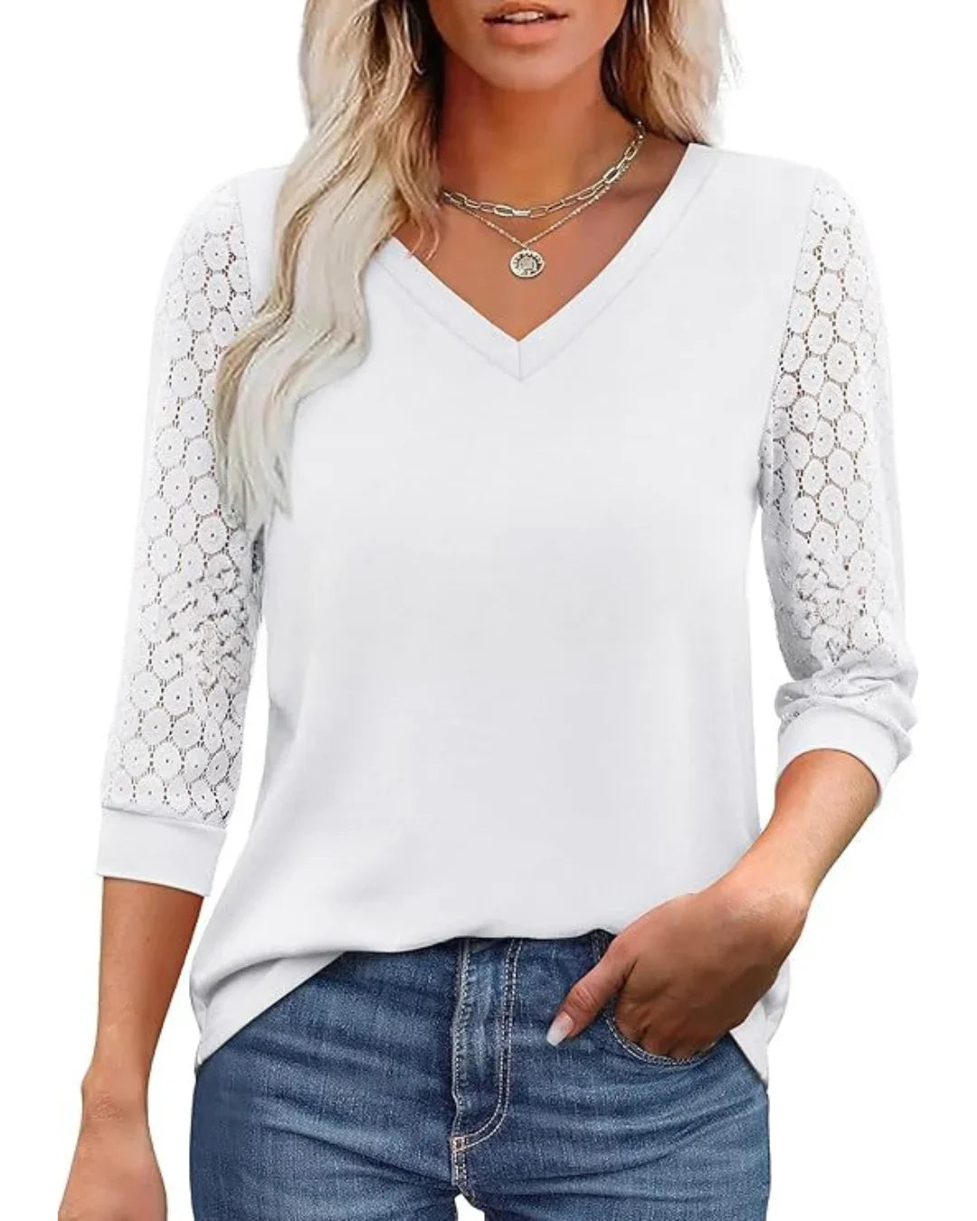 Blusa Casual de Cuello en V con Mangas de Encaje