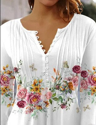 Blusa Floral con Mangas de Campana y Pliegues