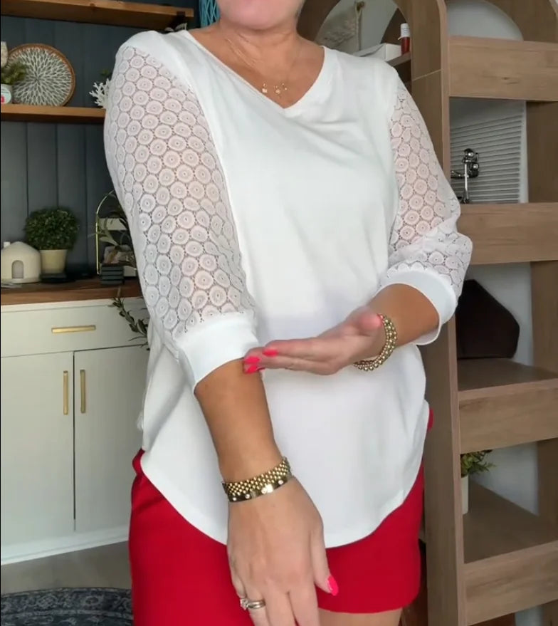 Blusa Casual de Cuello en V con Mangas de Encaje