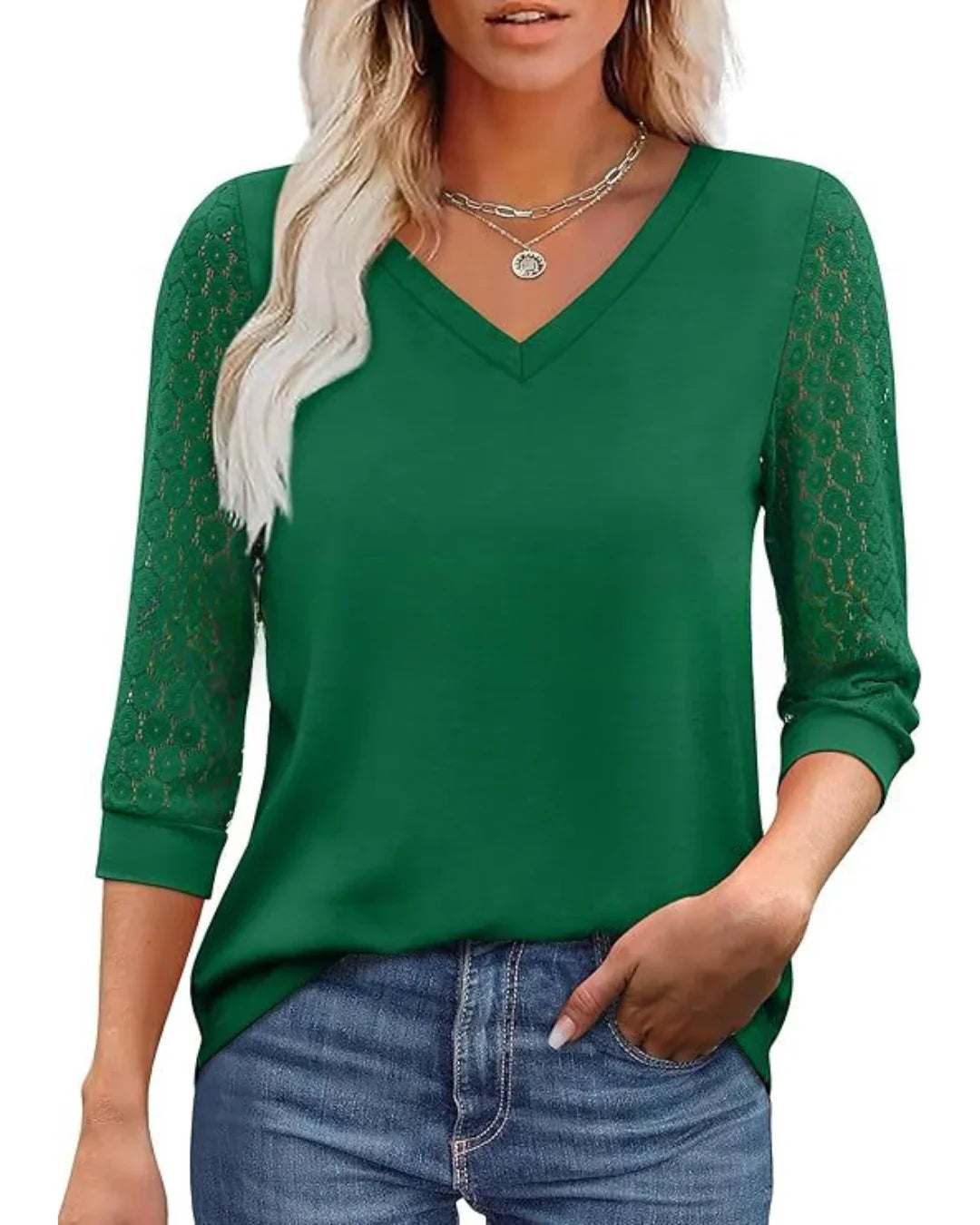 Blusa Casual de Cuello en V con Mangas de Encaje