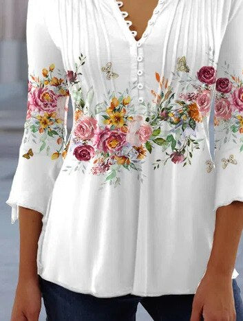 Blusa Floral con Mangas de Campana y Pliegues