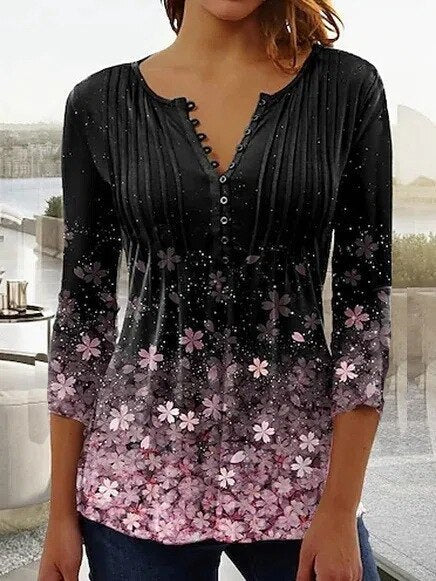 Blusa Floral con Mangas de Campana y Pliegues