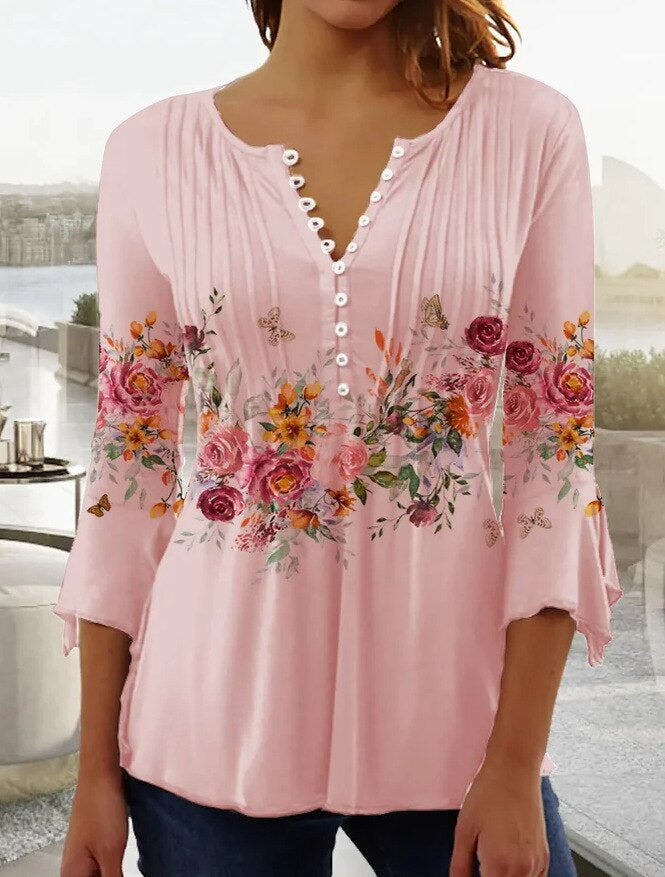 Blusa Floral con Mangas de Campana y Pliegues