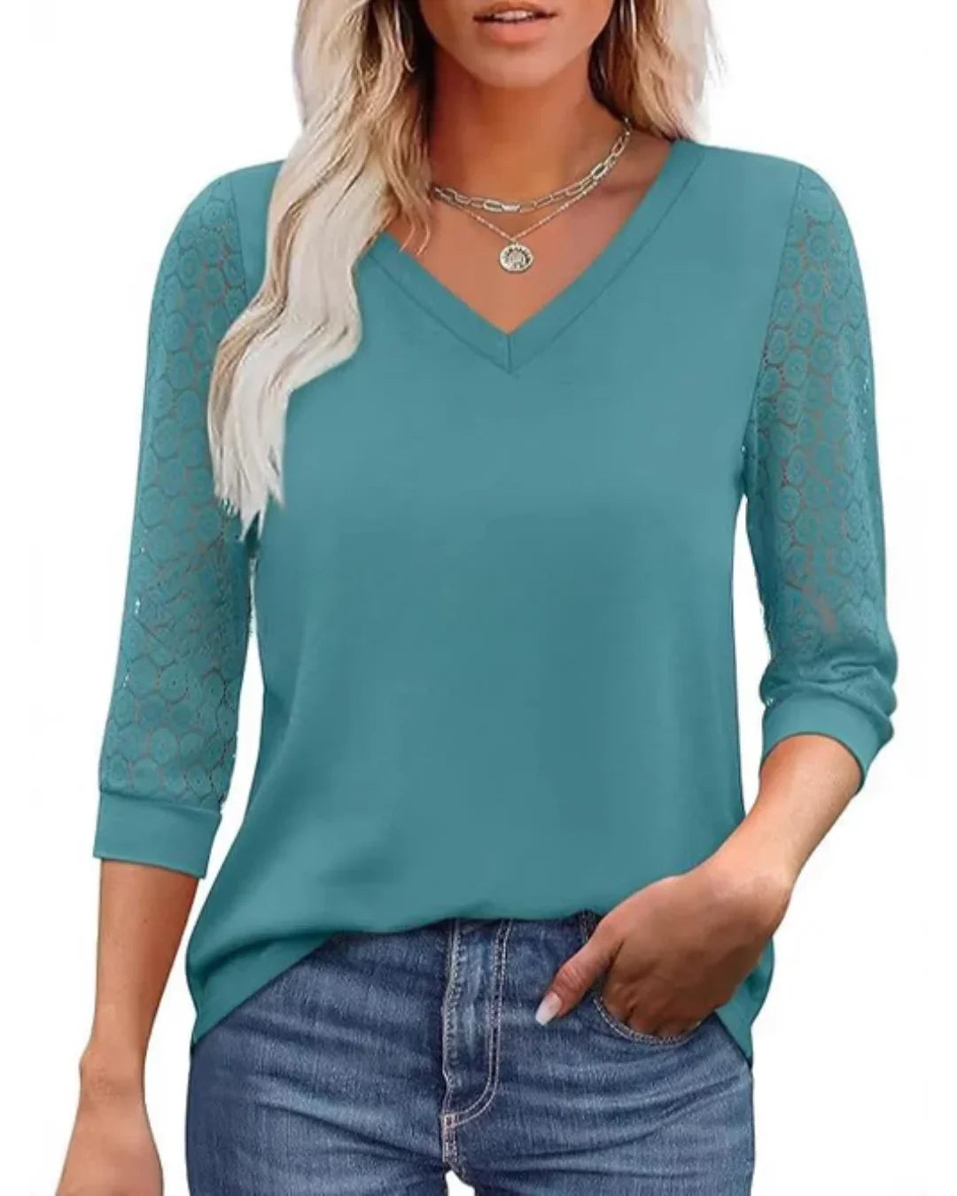 Blusa Casual de Cuello en V con Mangas de Encaje