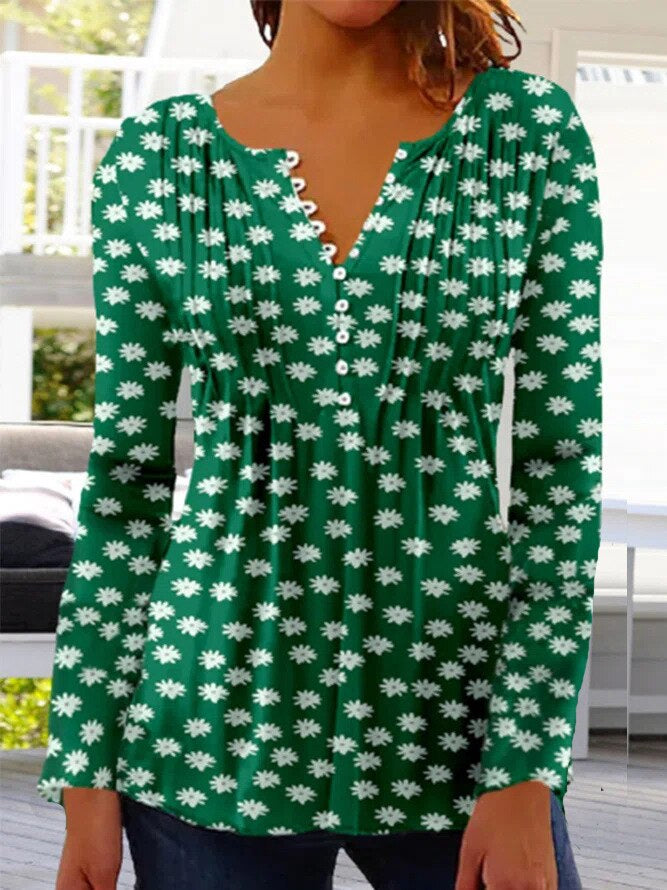 Blusa Floral con Mangas de Campana y Pliegues