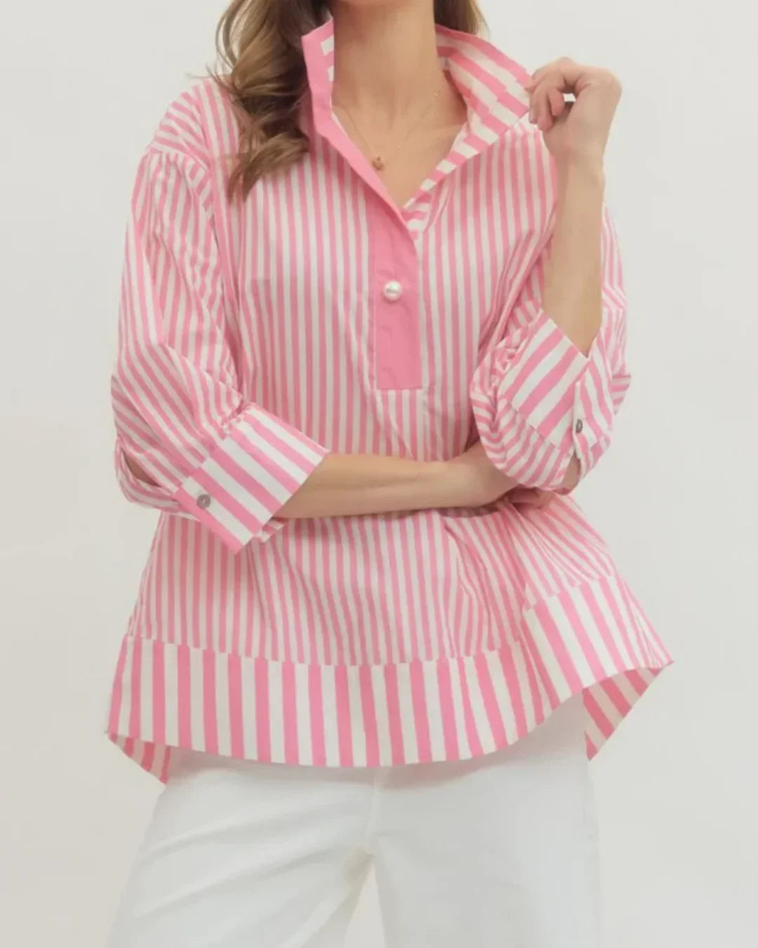 Blusa de Botones de Perla con Cuello en V a Rayas Verticales