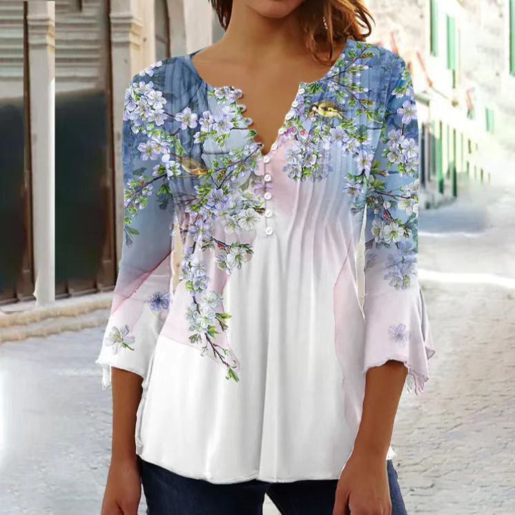 Blusa Floral con Mangas de Campana y Pliegues