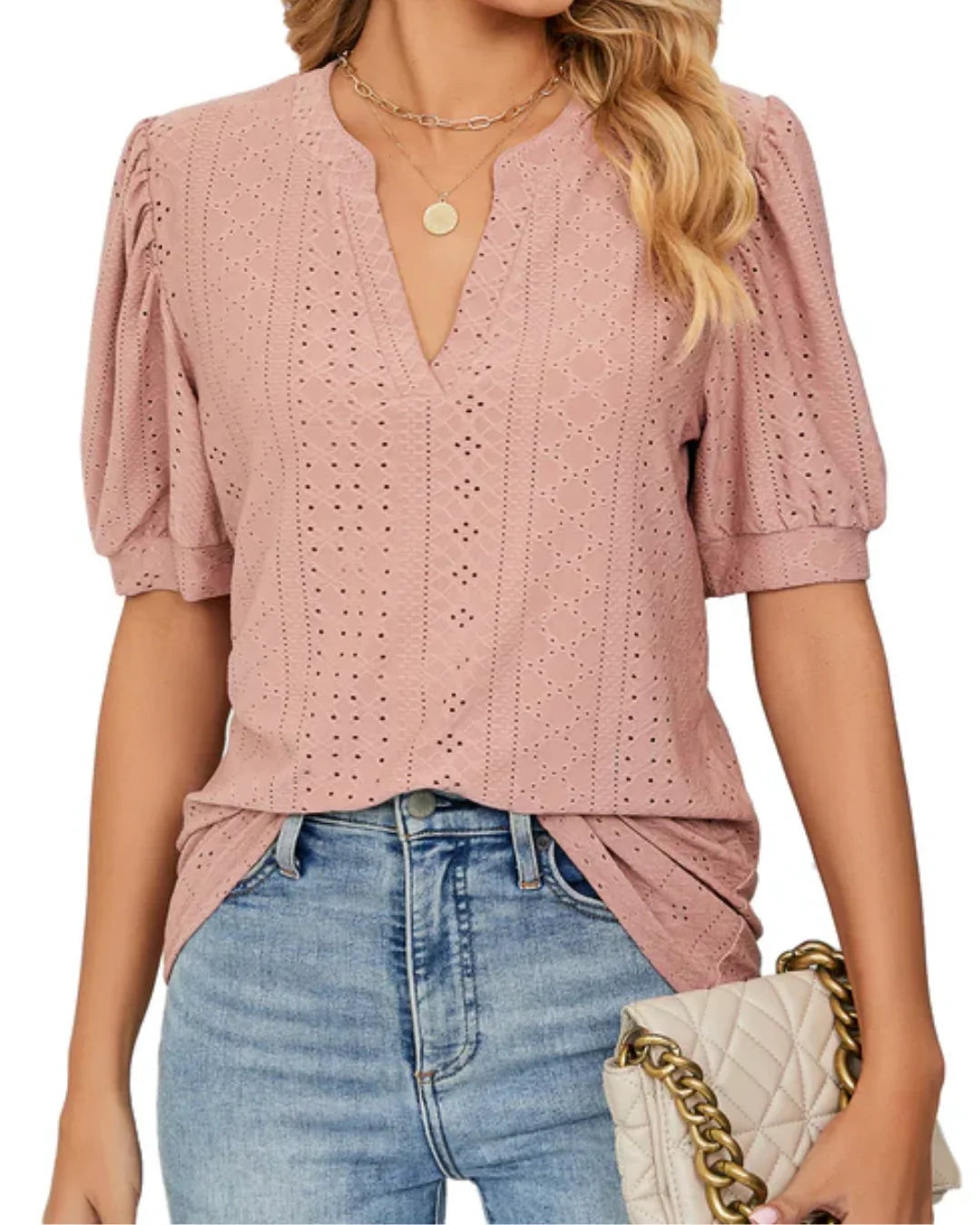 Blusa de Manga Abullonada con Ojetes