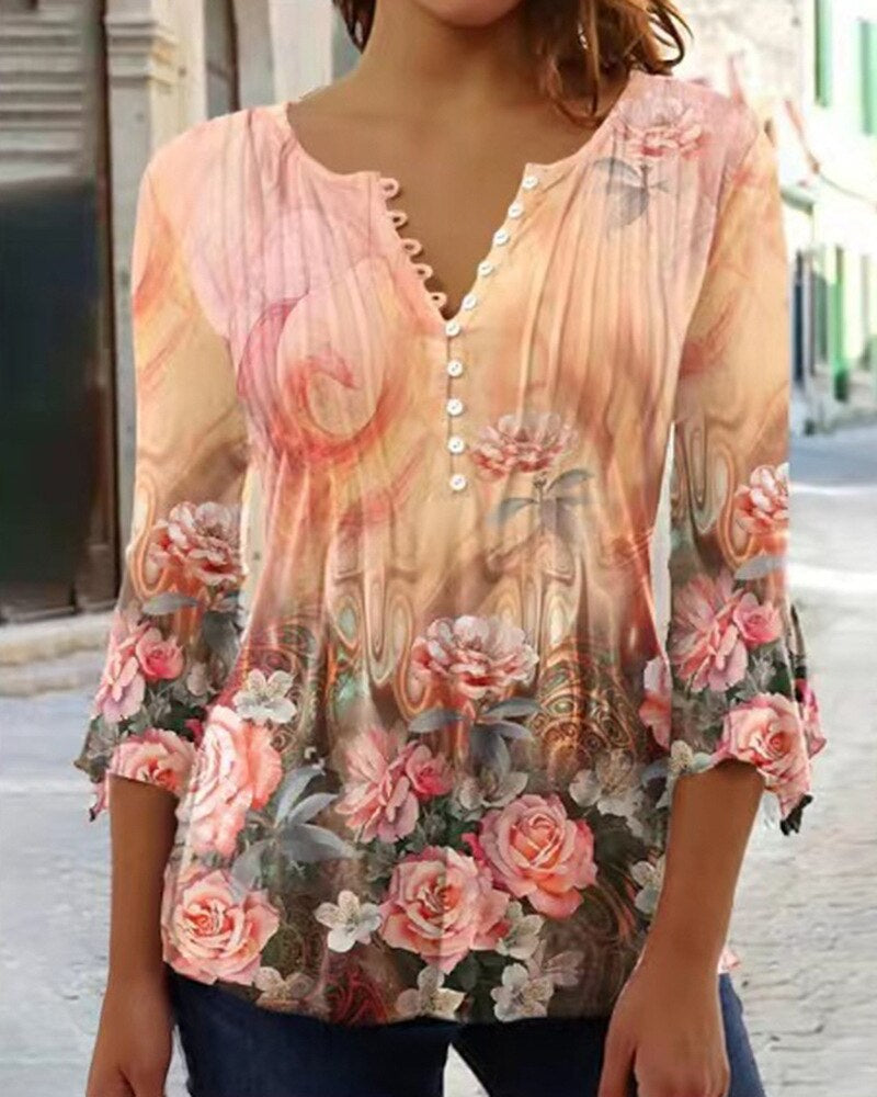 Blusa Floral con Mangas de Campana y Pliegues