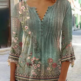 Blusa Floral con Mangas de Campana y Pliegues