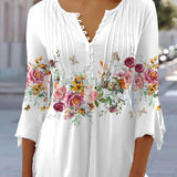 Blusa Floral con Mangas de Campana y Pliegues