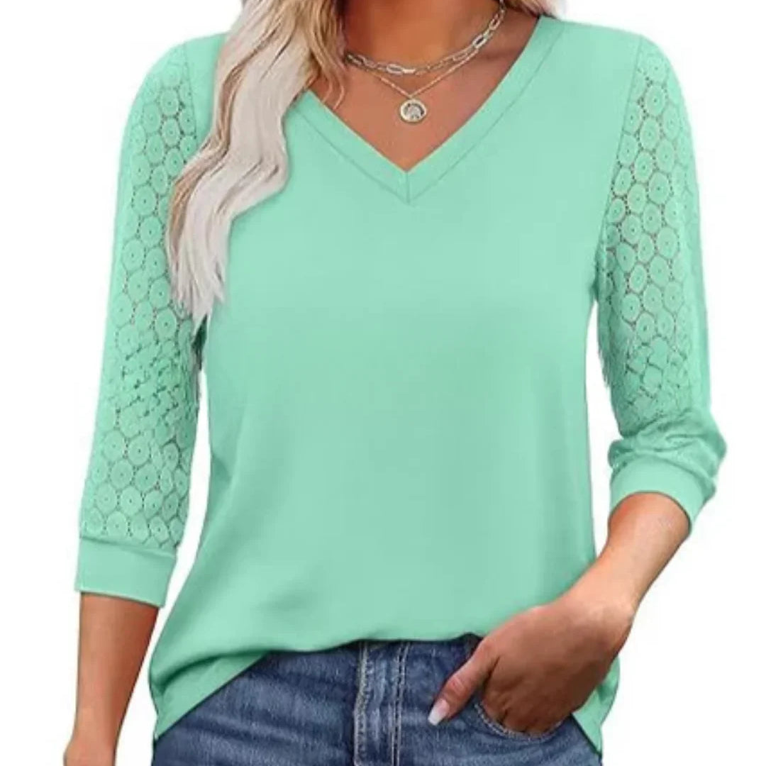 Blusa Casual de Cuello en V con Mangas de Encaje