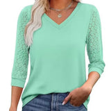 Casual V-Neck Blouse with Lace Sleeves