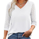 Casual V-Neck Blouse with Lace Sleeves