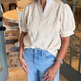 Blusa Henley de Manga Abullonada con Textura Floral