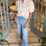 Blusa Henley de Manga Abullonada con Textura Floral