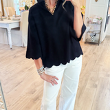 Blusa de Manga Corta con Escote en V y Dobladillo Ondulado