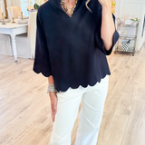 Blusa de Manga Corta con Escote en V y Dobladillo Ondulado