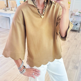 Blusa de Manga Corta con Escote en V y Dobladillo Ondulado