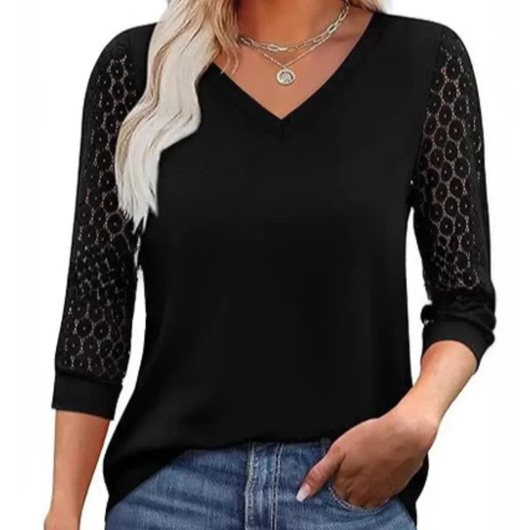 Blusa Casual de Cuello en V con Mangas de Encaje