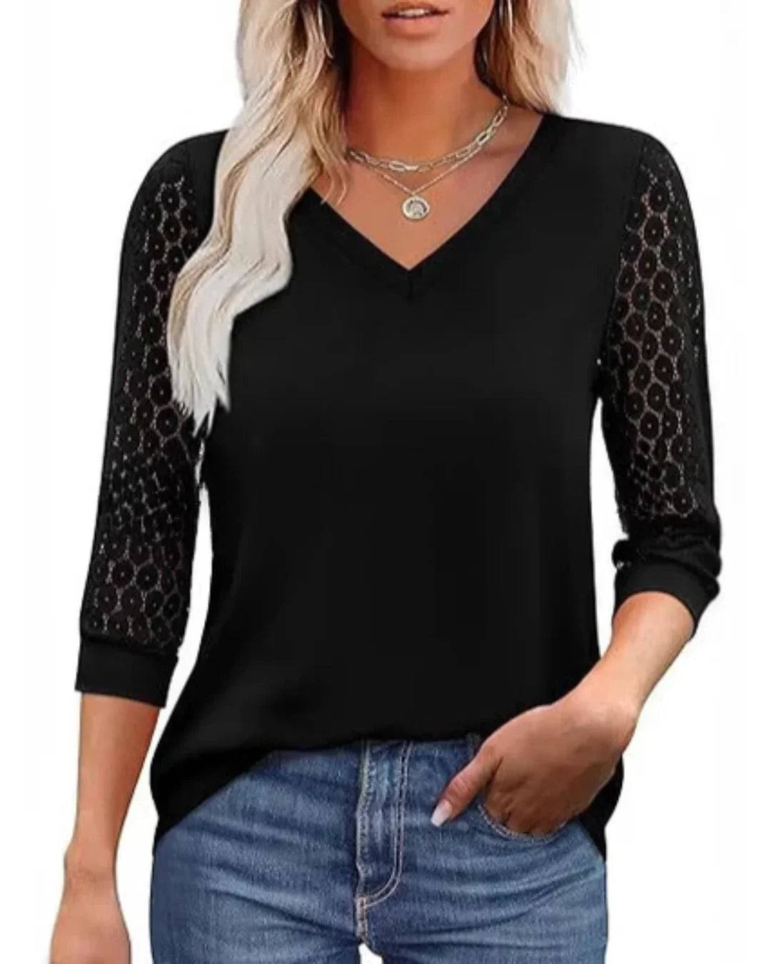 Blusa Casual de Cuello en V con Mangas de Encaje