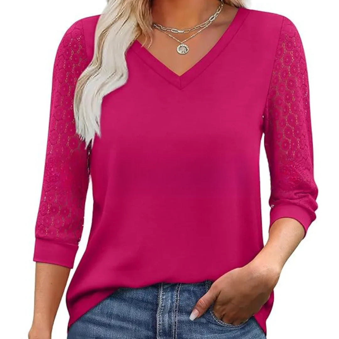 Blusa Casual de Cuello en V con Mangas de Encaje