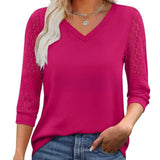 Casual V-Neck Blouse with Lace Sleeves
