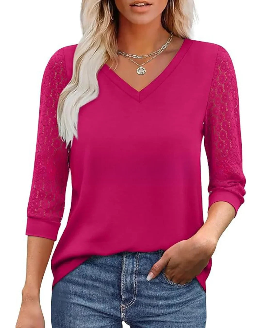 Blusa Casual de Cuello en V con Mangas de Encaje