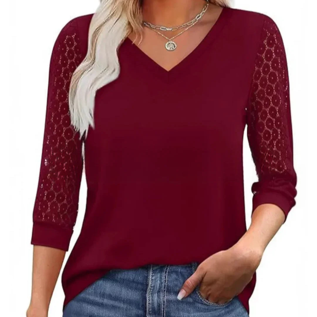 Blusa Casual de Cuello en V con Mangas de Encaje