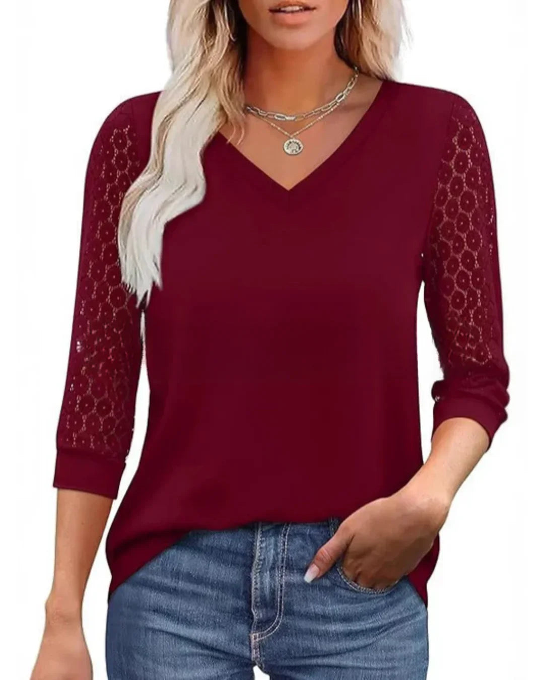 Blusa Casual de Cuello en V con Mangas de Encaje