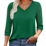 Casual V-Neck Blouse with Lace Sleeves