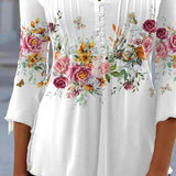 Blusa Floral con Mangas de Campana y Pliegues