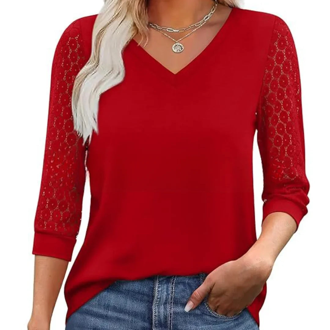 Blusa Casual de Cuello en V con Mangas de Encaje