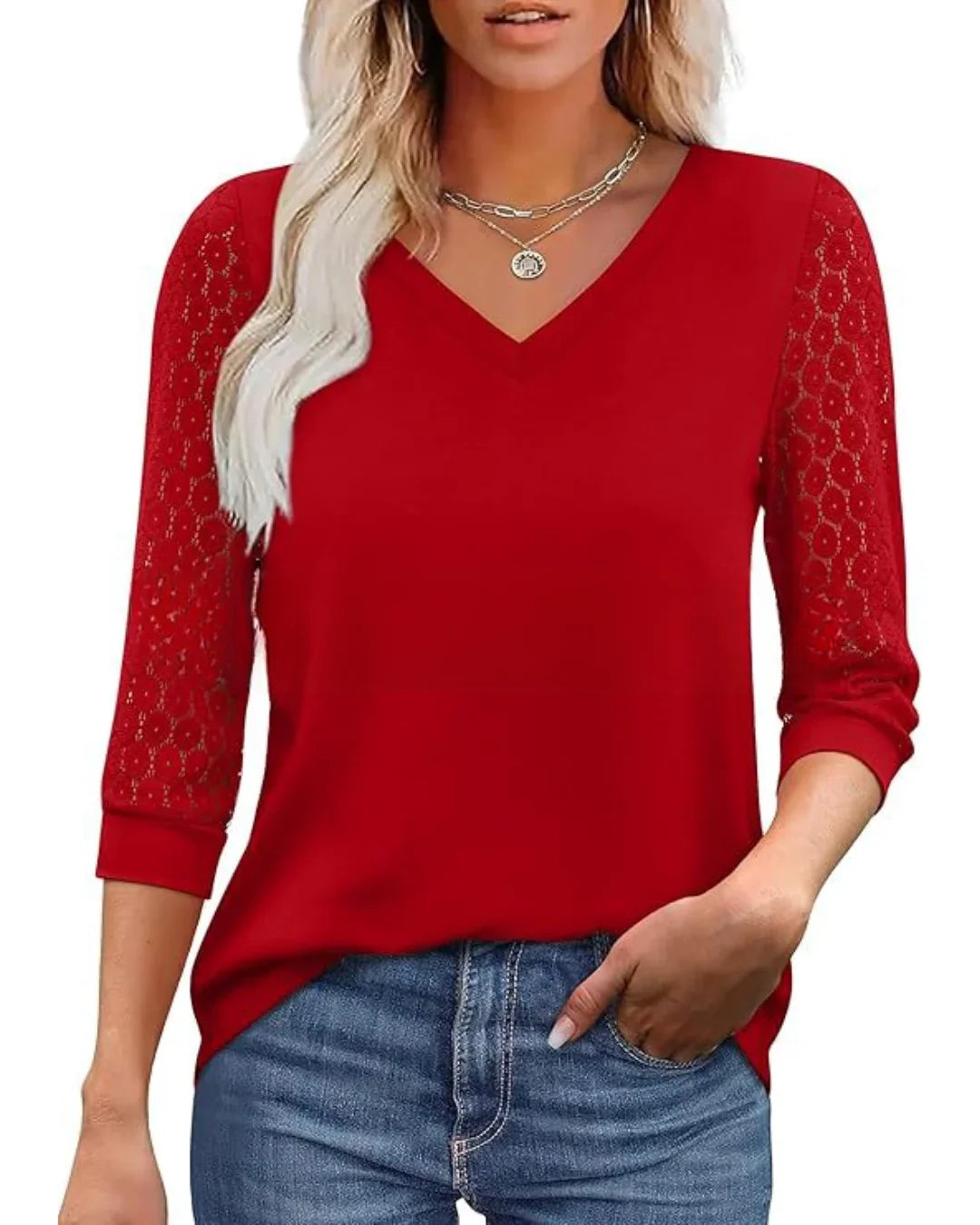 Blusa Casual de Cuello en V con Mangas de Encaje