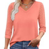 Casual V-Neck Blouse with Lace Sleeves