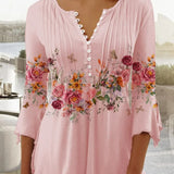 Blusa Floral con Mangas de Campana y Pliegues