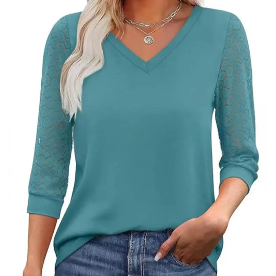 Blusa Casual de Cuello en V con Mangas de Encaje