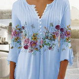 Blusa Floral con Mangas de Campana y Pliegues