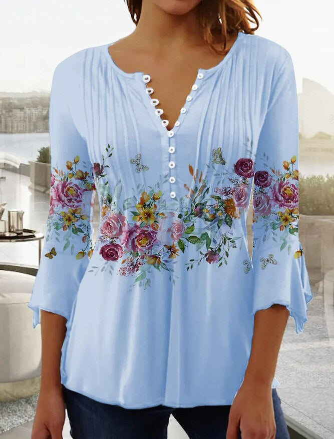 Blusa Floral con Mangas de Campana y Pliegues