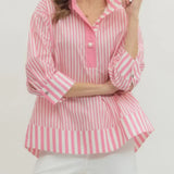 Blusa de Botones de Perla con Cuello en V a Rayas Verticales